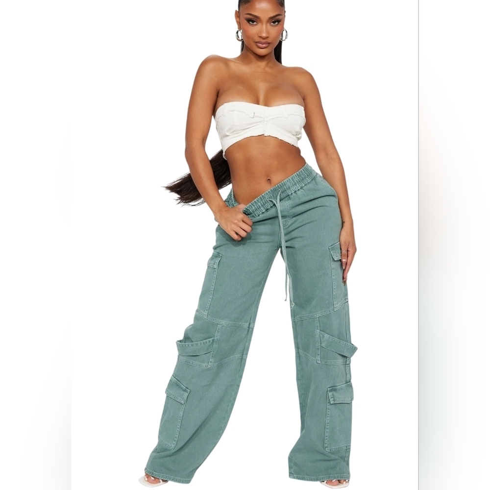 Fashion Nova Know What To Do High Rise Wide Leg Utility Cargo Jeans Green Size 9